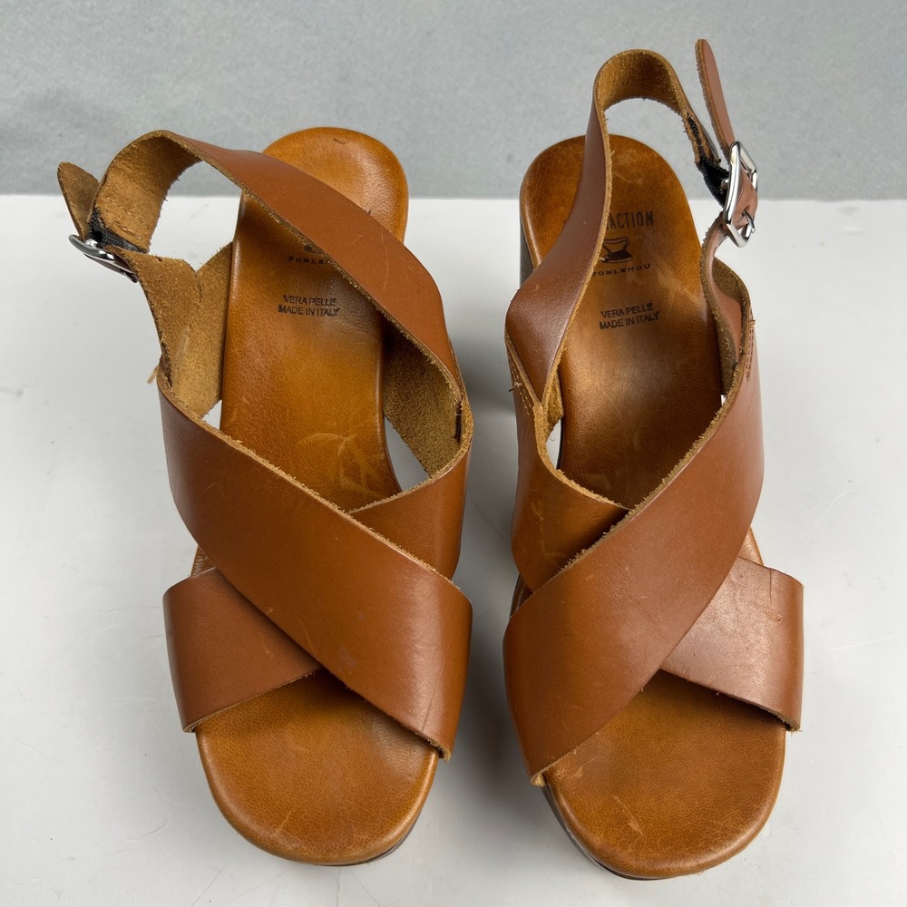 Brown Leather Wood Block Heel Boho Retro Platform Sandals Made in Italy Size 7 - Picture 4 of 16